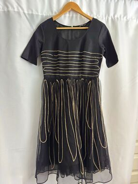 eShakti Black Mesh Fringe A-Line Knee Dress Scoop Neck Short Sleeve Size 12